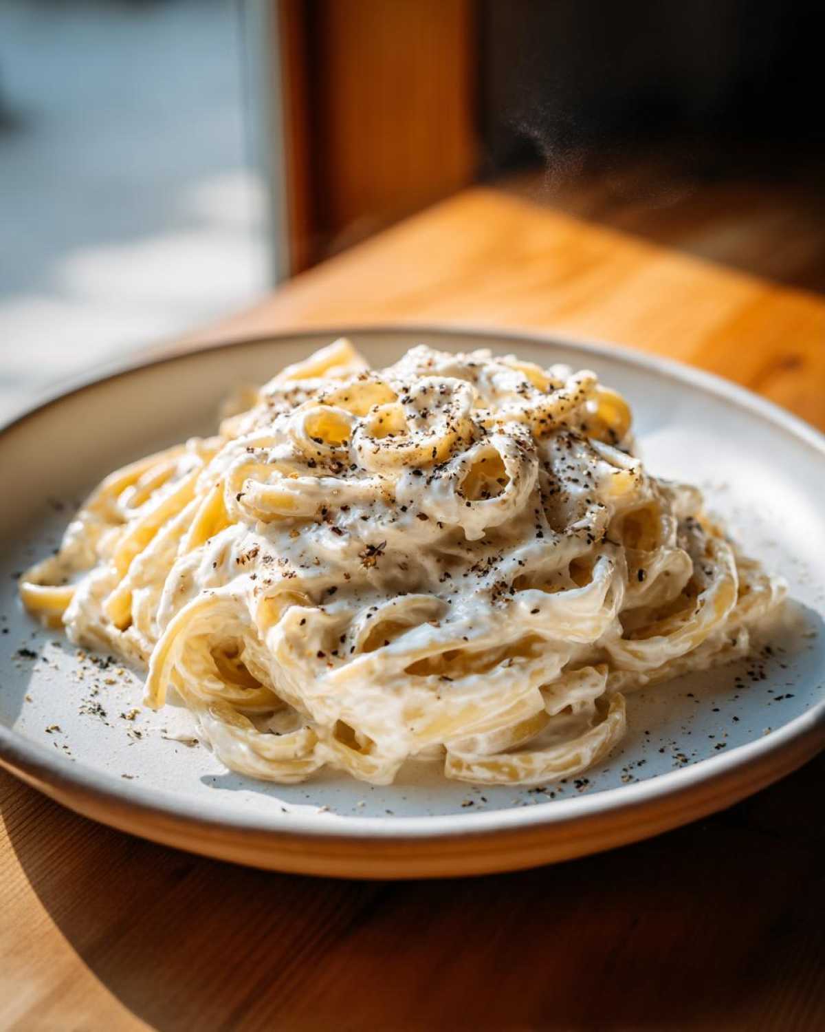 A close-up of steaming fettuccine coated in creamy cottage cheese alfredo sauce and topped with cracked black pepper.