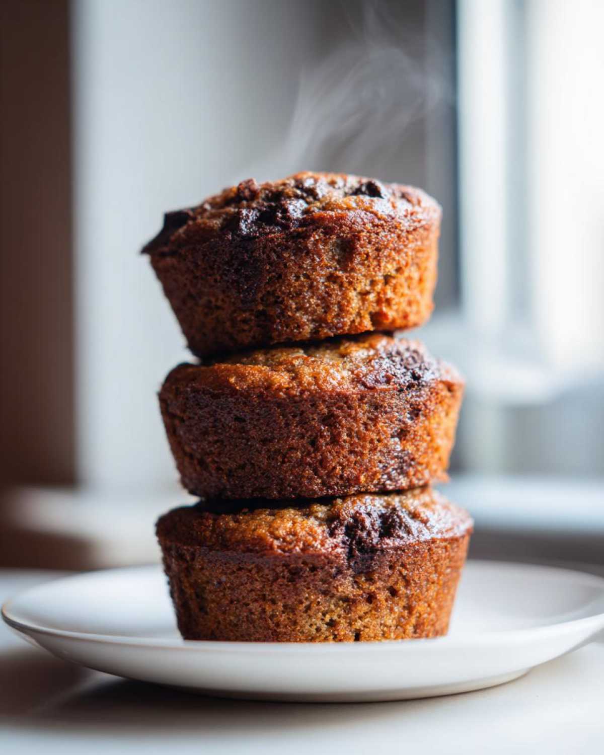 Three freshly baked, dark golden brown protein muffins stacked on a white plate, with steam rising from the top one.