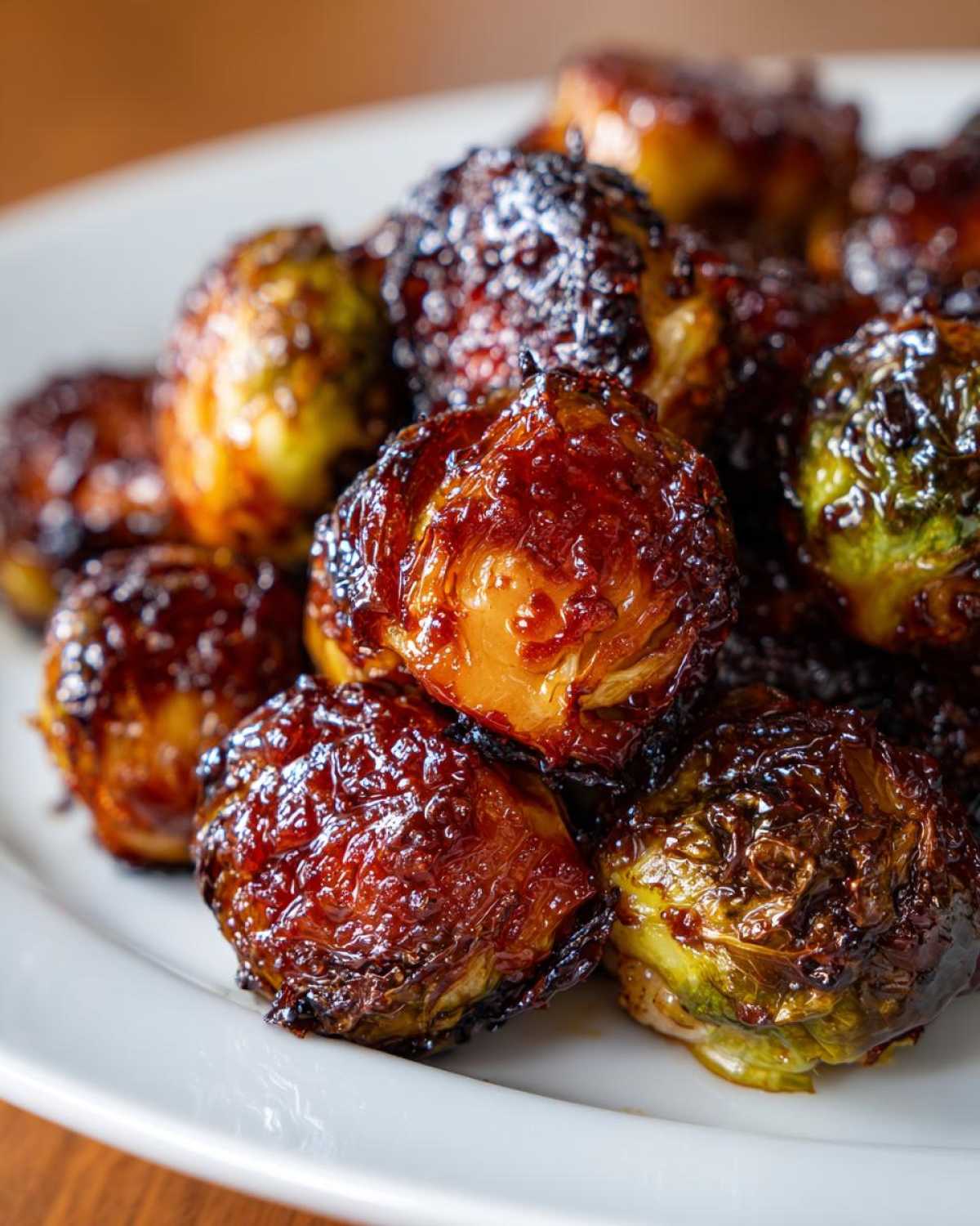 Close-up of roasted Brussels sprouts heavily coated in a dark, shiny Sticky Brussels Sprouts Glaze.