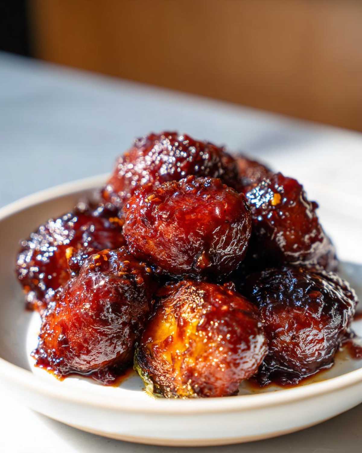 Close-up of roasted Brussels sprouts heavily coated in a thick, dark, and shiny Sticky Brussels Sprouts Glaze.