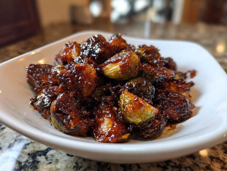 Master 1 Amazing Sticky Brussels Sprouts Glaze Close-up of roasted Brussels sprouts coated in a thick, dark Sticky Brussels Sprouts Glaze served in a white bowl.