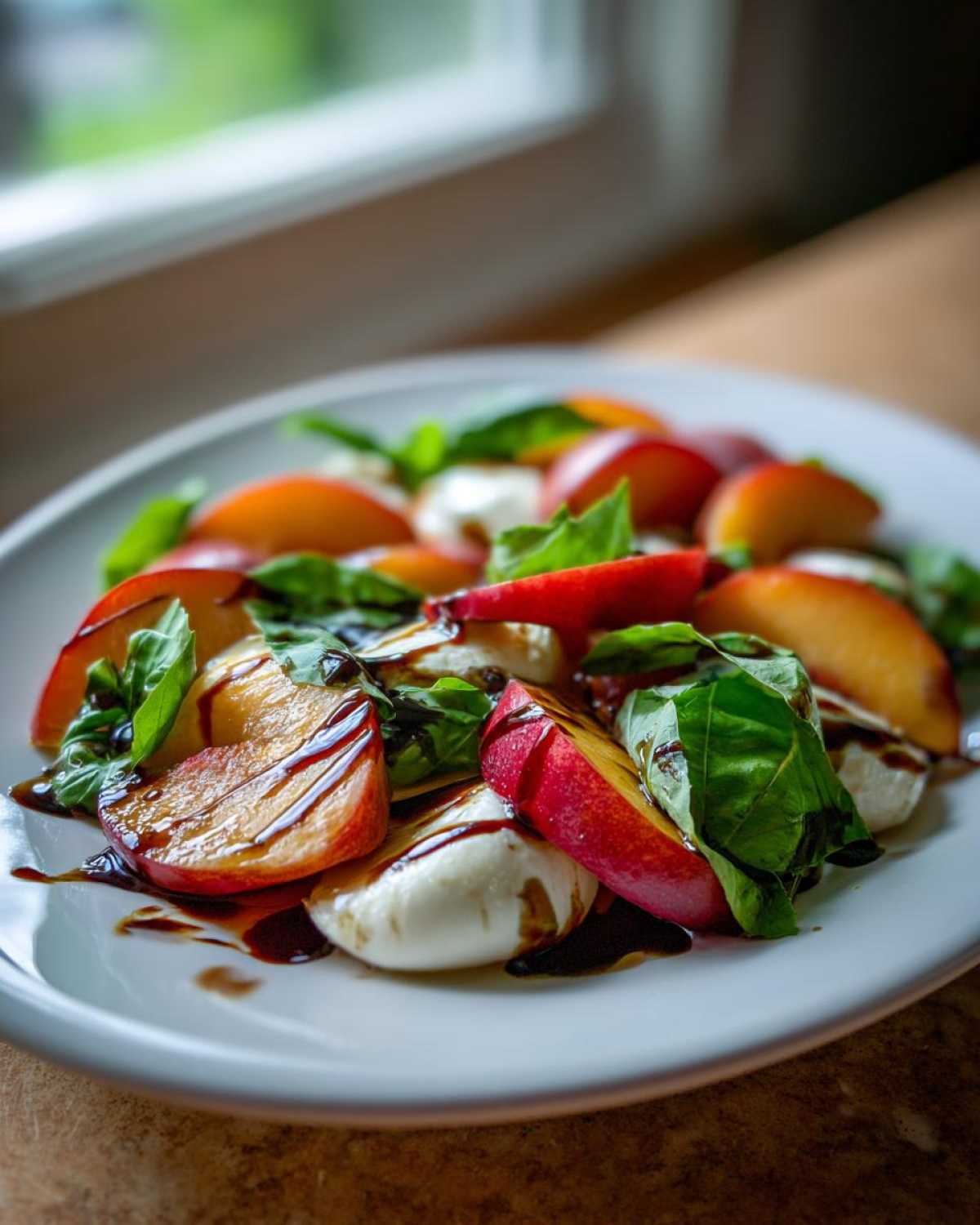 Close-up of a vibrant Stone Fruit Caprese Salad featuring sliced peaches, fresh mozzarella balls, and basil leaves drizzled with balsamic glaze.