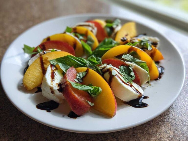Stunning 15-Min Stone Fruit Caprese Salad Close-up of a beautiful Stone Fruit Caprese Salad featuring peach slices, fresh mozzarella, and basil drizzled with balsamic glaze.
