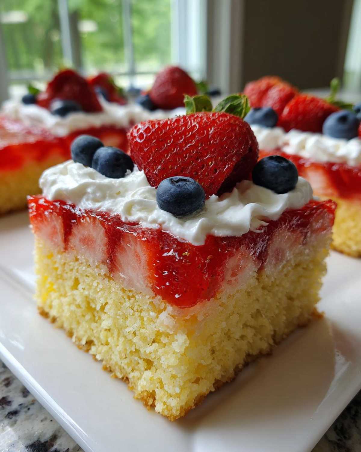 Close-up of a slice of Strawberry Jello Poke Cake Flag topped with whipped cream, a large strawberry, and blueberries.