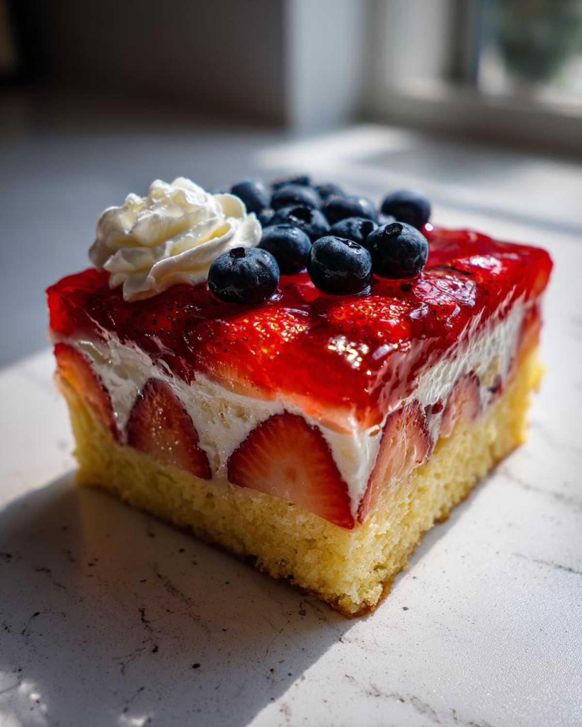 A close-up slice of Strawberry Jello Poke Cake Flag, featuring layers of yellow cake, cream, sliced strawberries, and topped with red glaze, blueberries, and whipped cream.