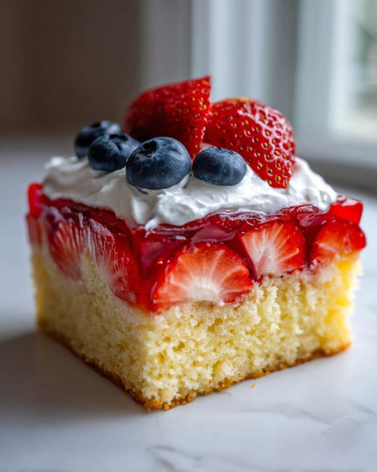 Close-up of a slice of Strawberry Jello Poke Cake Flag with layers of moist cake, strawberry gelatin, whipped cream, and fresh berries.