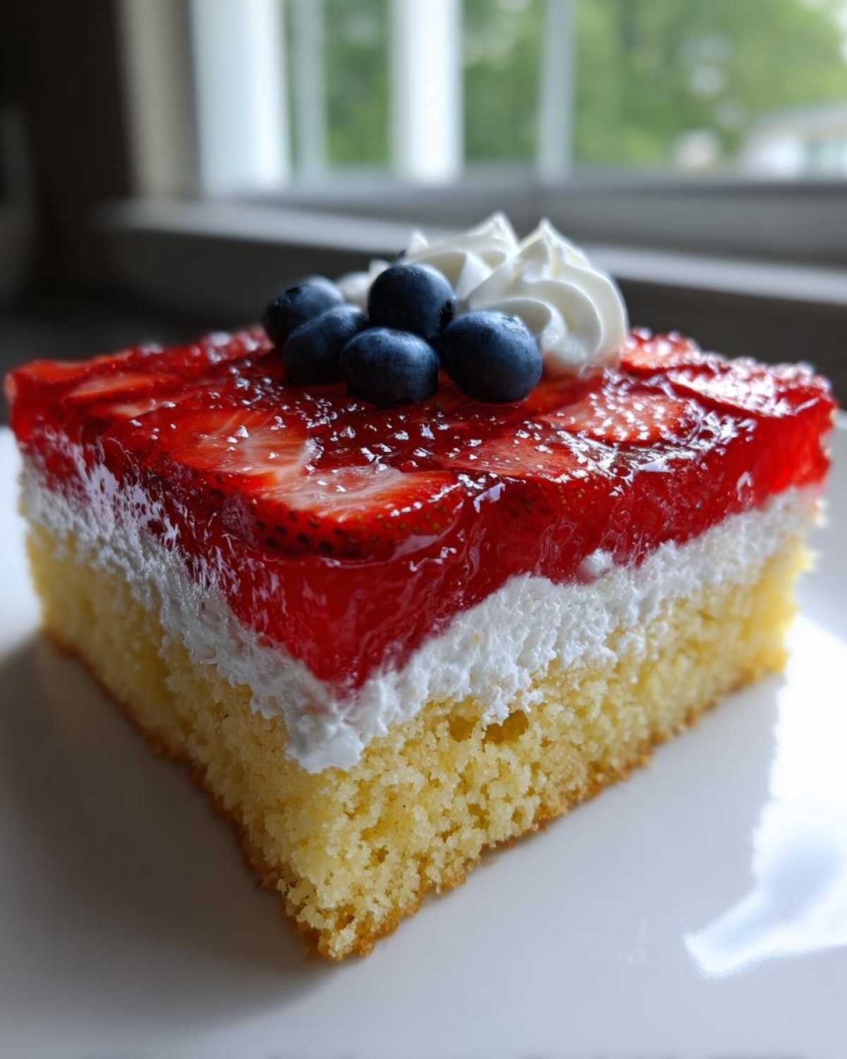A perfectly layered slice of Strawberry Jello Poke Cake Flag with a yellow cake base, white cream, and strawberry jello topping with blueberries.