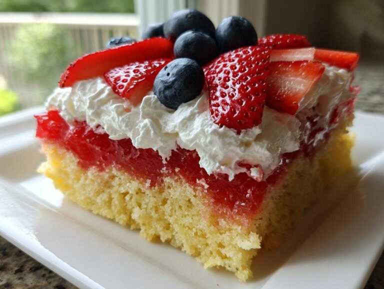 A close-up of a slice of Strawberry Jello Poke Cake Flag showing the yellow cake base, red jello layer, whipped cream, and fresh strawberries and blueberries.