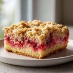 Close-up of a square slice of Strawberry Rhubarb Buckle with Ginger Crumb topping on a white plate.