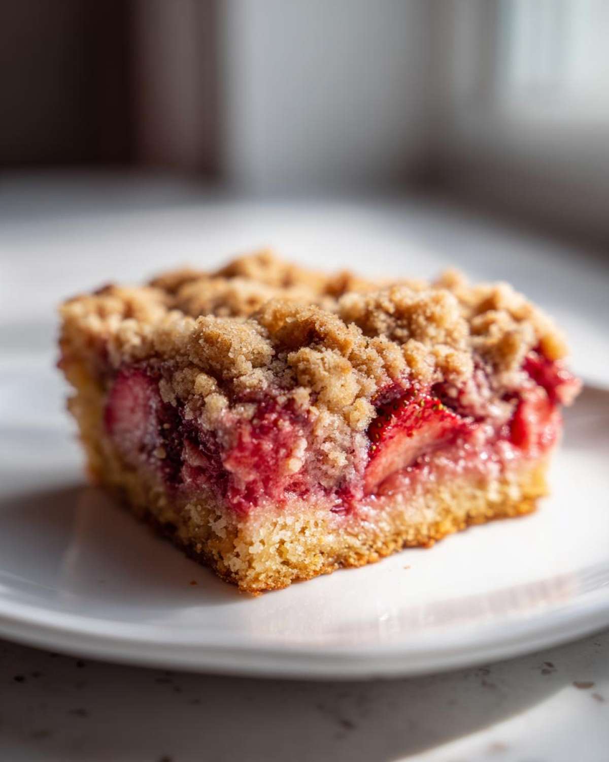Close-up of a square slice of Strawberry Rhubarb Buckle with Ginger Crumb on a white plate.
