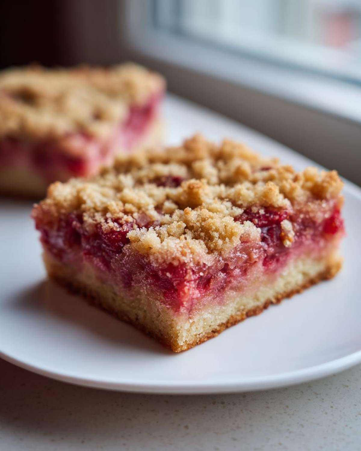 Close-up of a square slice of Strawberry Rhubarb Buckle with Ginger Crumb on a white plate.