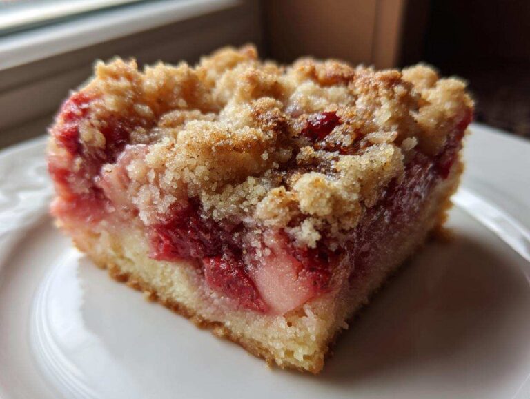 Close-up of a square slice of Strawberry Rhubarb Buckle with Ginger Crumb topping on a white plate.