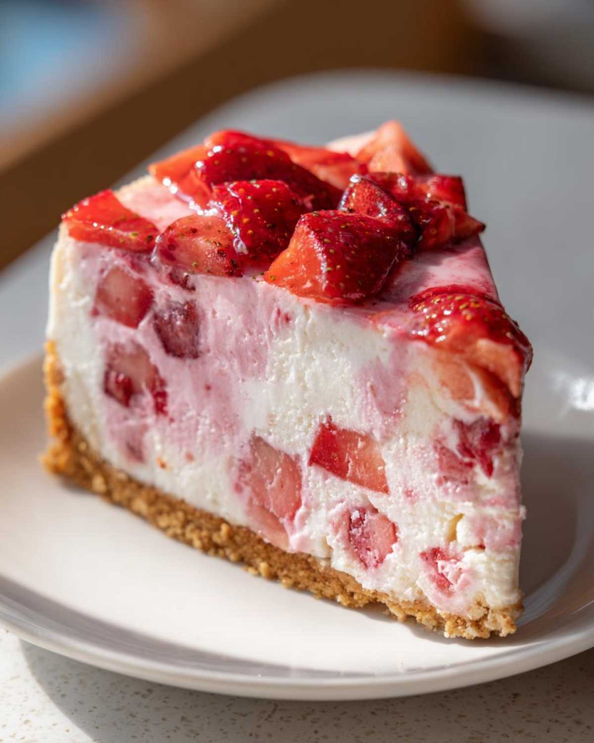 Close-up of a perfect slice of Strawberry Rhubarb Cottage Cheese Cake showing the creamy filling and strawberry topping.