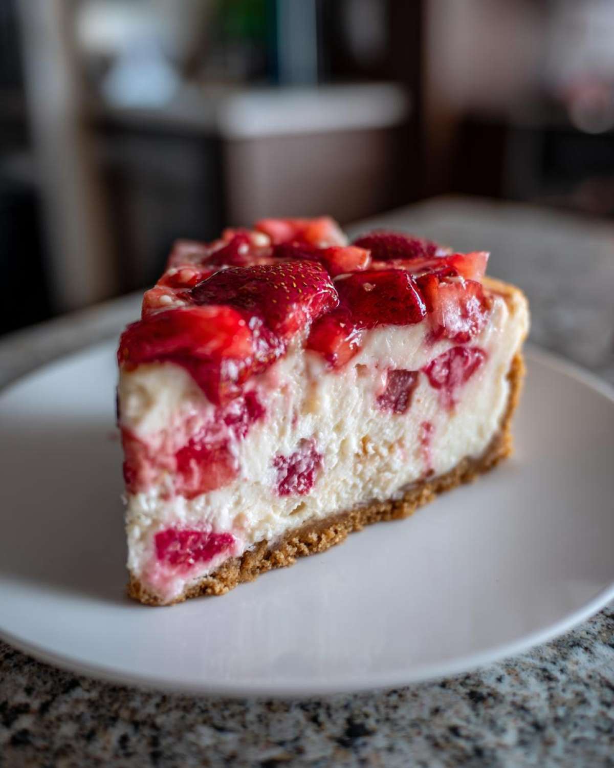 A close-up of a thick slice of Strawberry Rhubarb Cottage Cheese Cake with a graham cracker crust, topped with glazed strawberries.