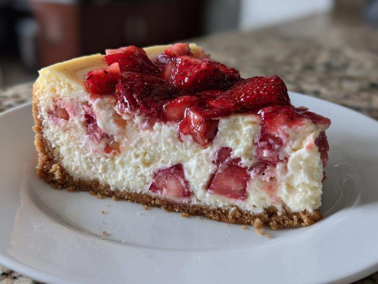 A close-up slice of Strawberry Rhubarb Cottage Cheese Cake showing a thick graham cracker crust and creamy filling studded with strawberries.