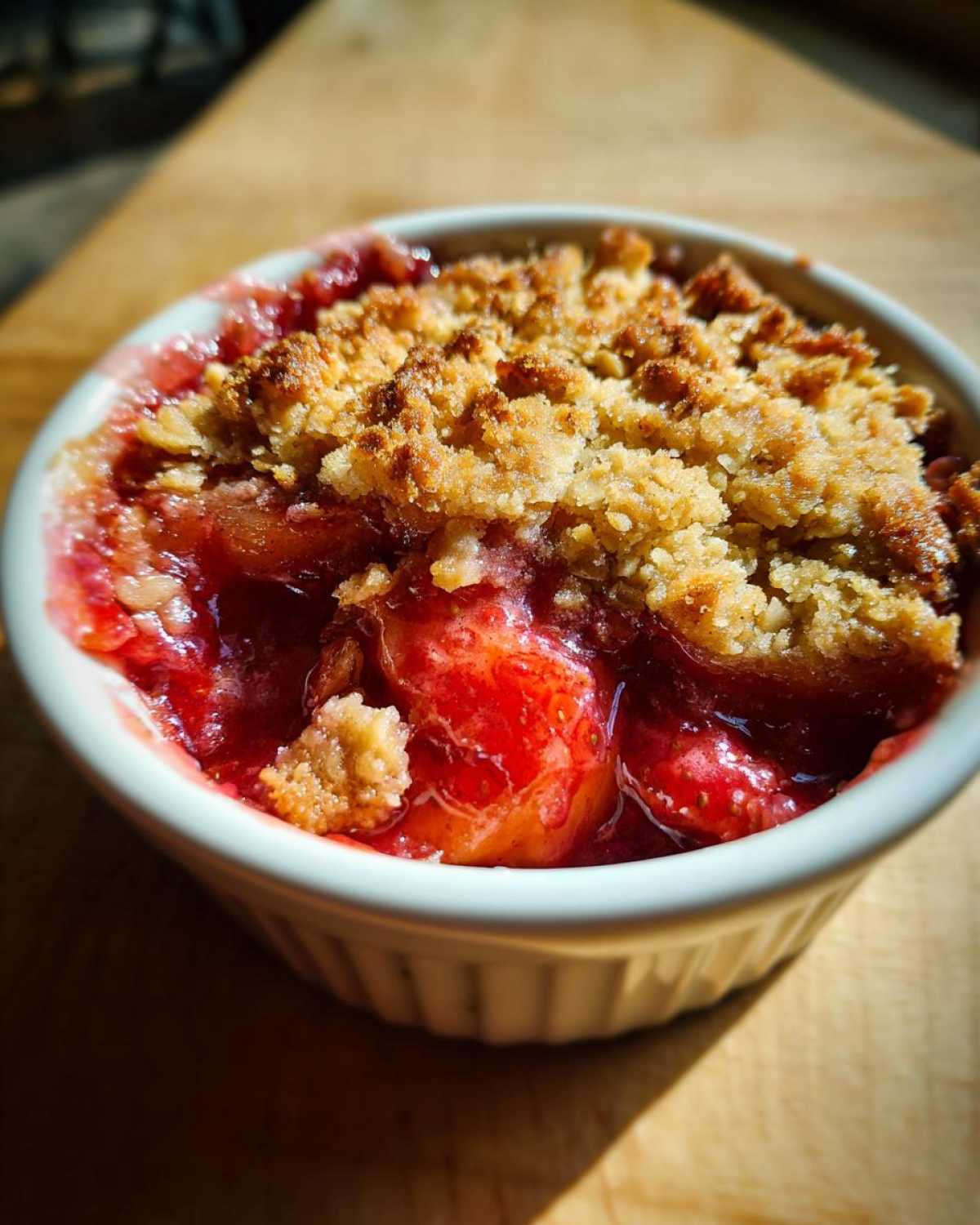 A close-up, sunlit view of a single-serving Strawberry Rhubarb Crisp with bubbling red fruit filling and a golden, crunchy topping.