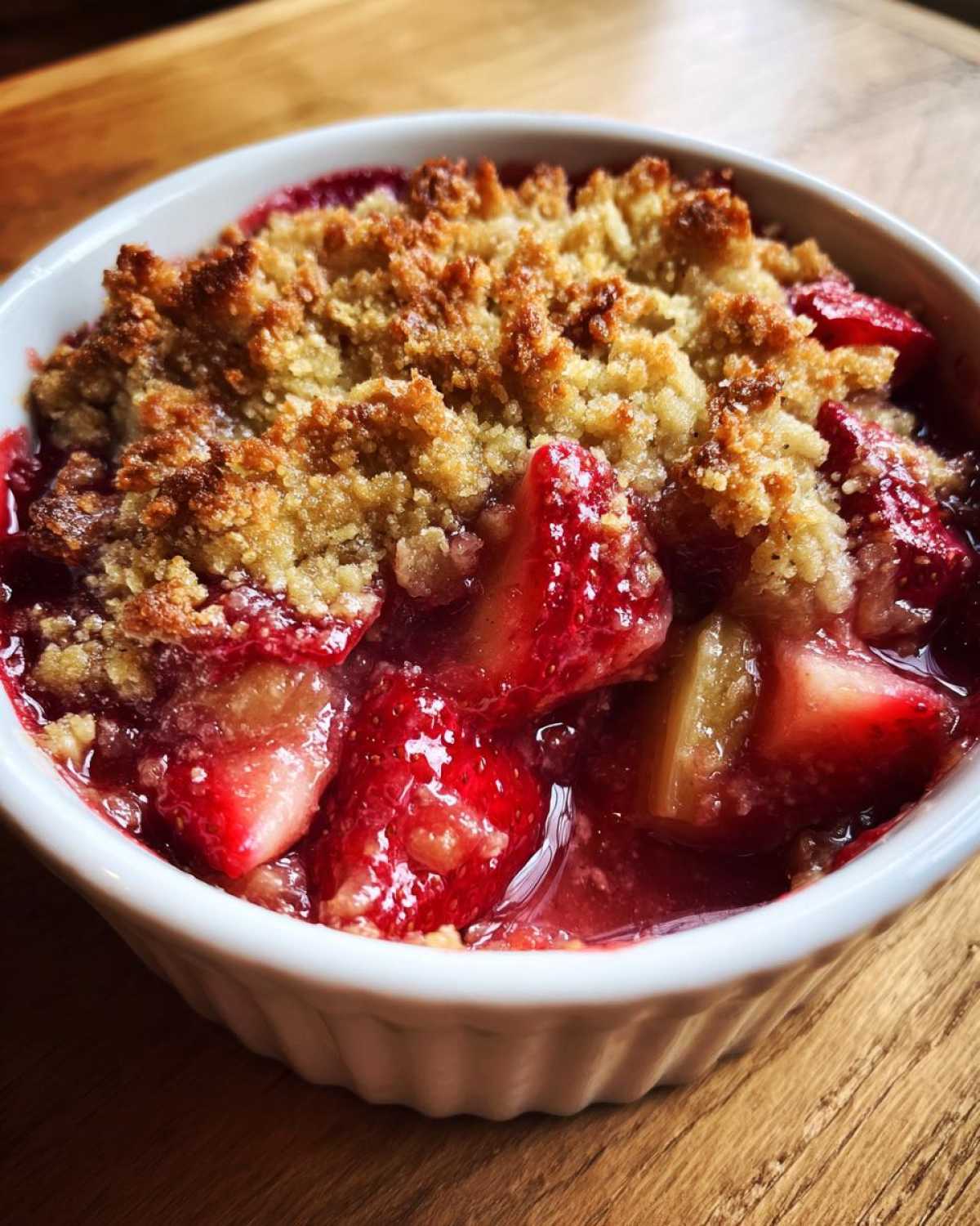 A close-up of a warm, bubbling individual serving of Strawberry Rhubarb Crisp with a golden, crunchy topping.