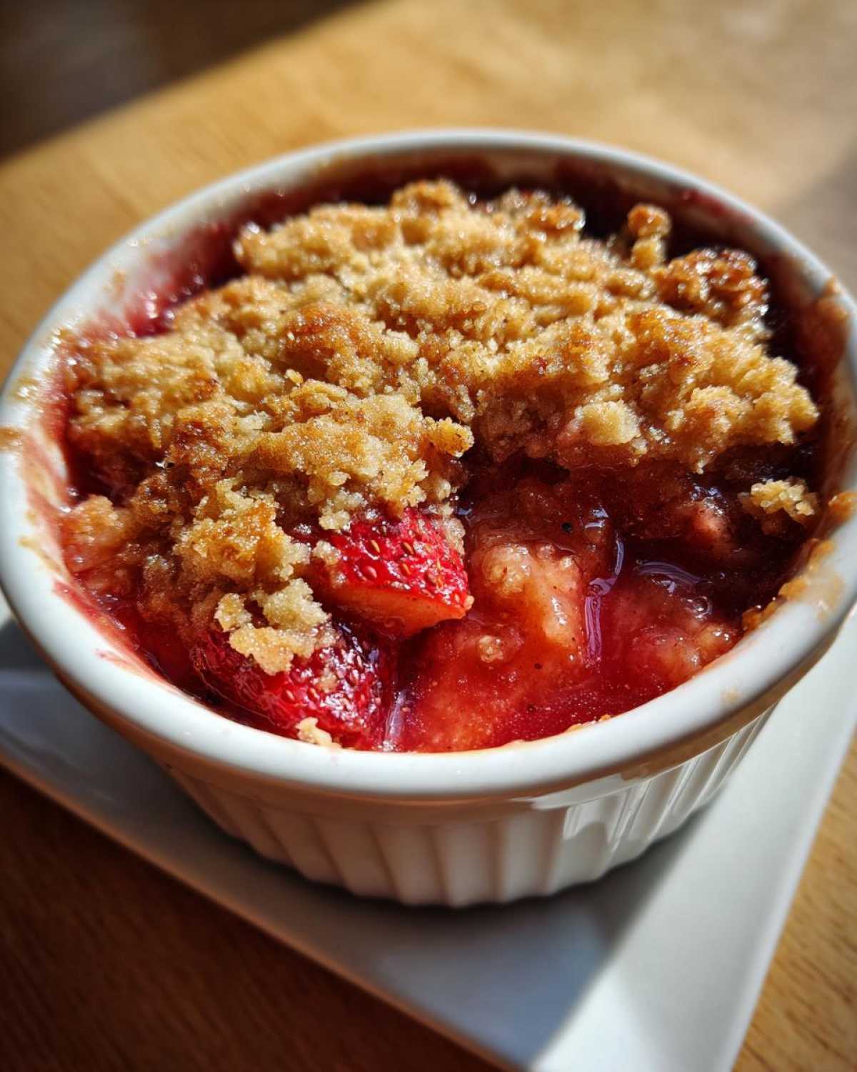 Close-up of a warm, bubbling single serving of Strawberry Rhubarb Crisp topped with golden brown crumble.