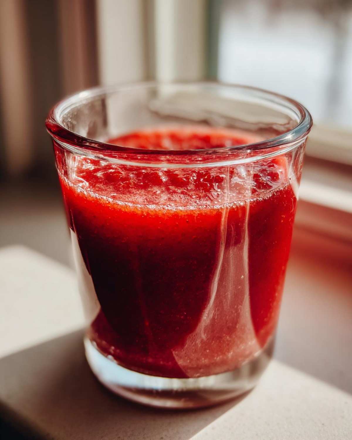 Close-up of a small glass filled with thick, vibrant red Strawberry Rhubarb Soda Syrup concentrate, catching sunlight.
