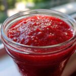 Close-up of vibrant red Strawberry Rhubarb Soda Syrup filling a clear glass jar, glistening in the sunlight.