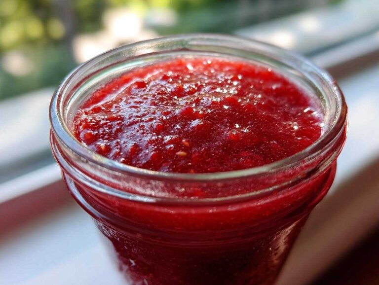 Close-up of vibrant red Strawberry Rhubarb Soda Syrup filling a clear glass jar, glistening in the sunlight.