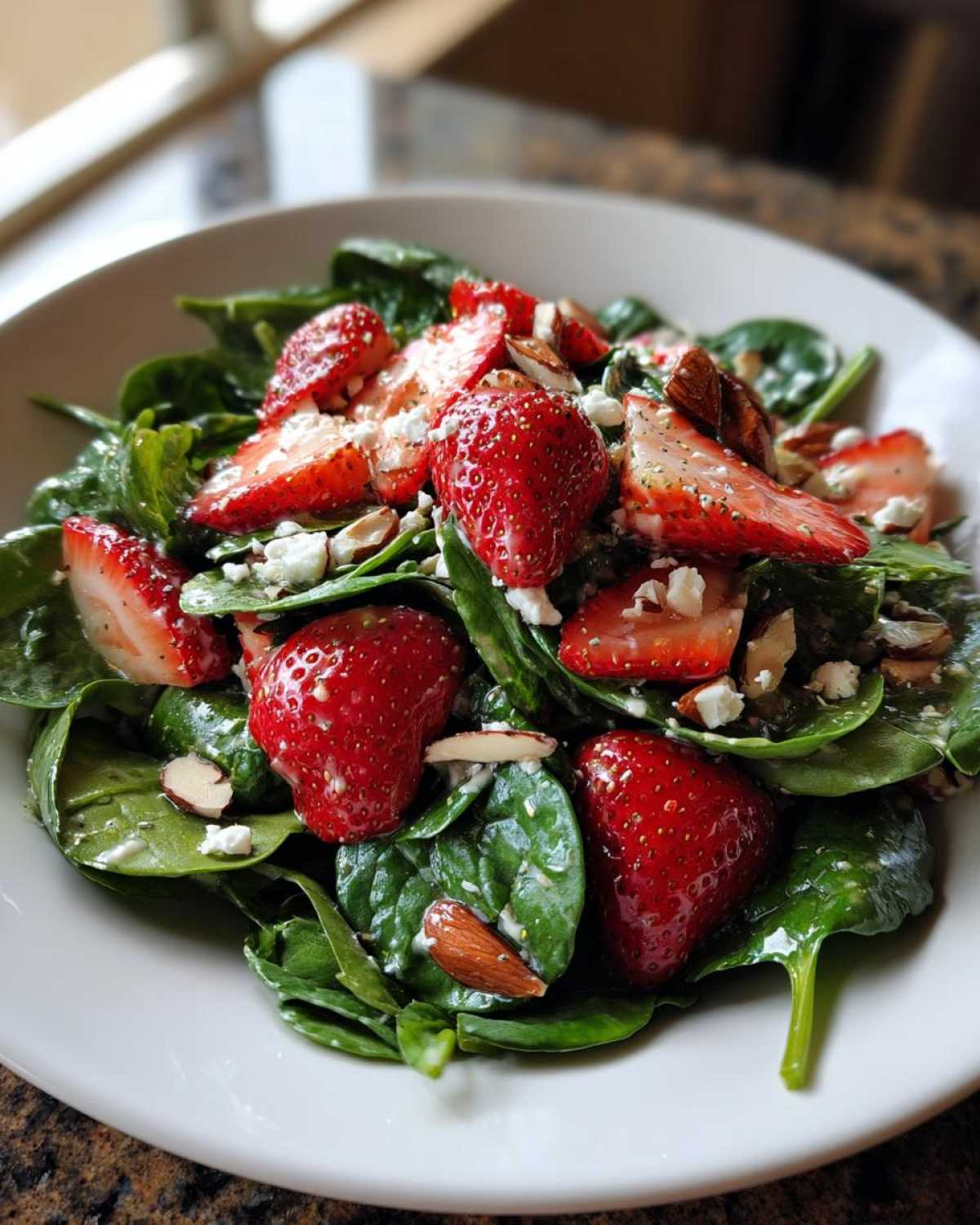 Close-up of a vibrant Strawberry Spinach Salad with sliced strawberries, feta cheese, and almonds, lightly coated in dressing.