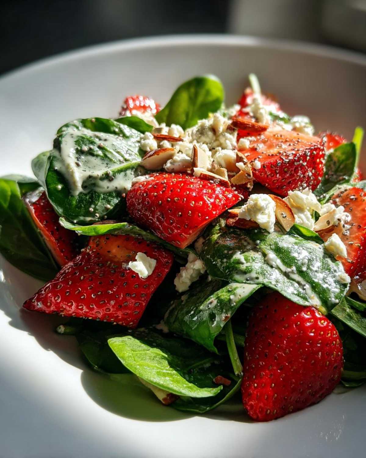 Close-up of a vibrant Strawberry Spinach Salad with poppyseed dressing, feta cheese, and sliced almonds.