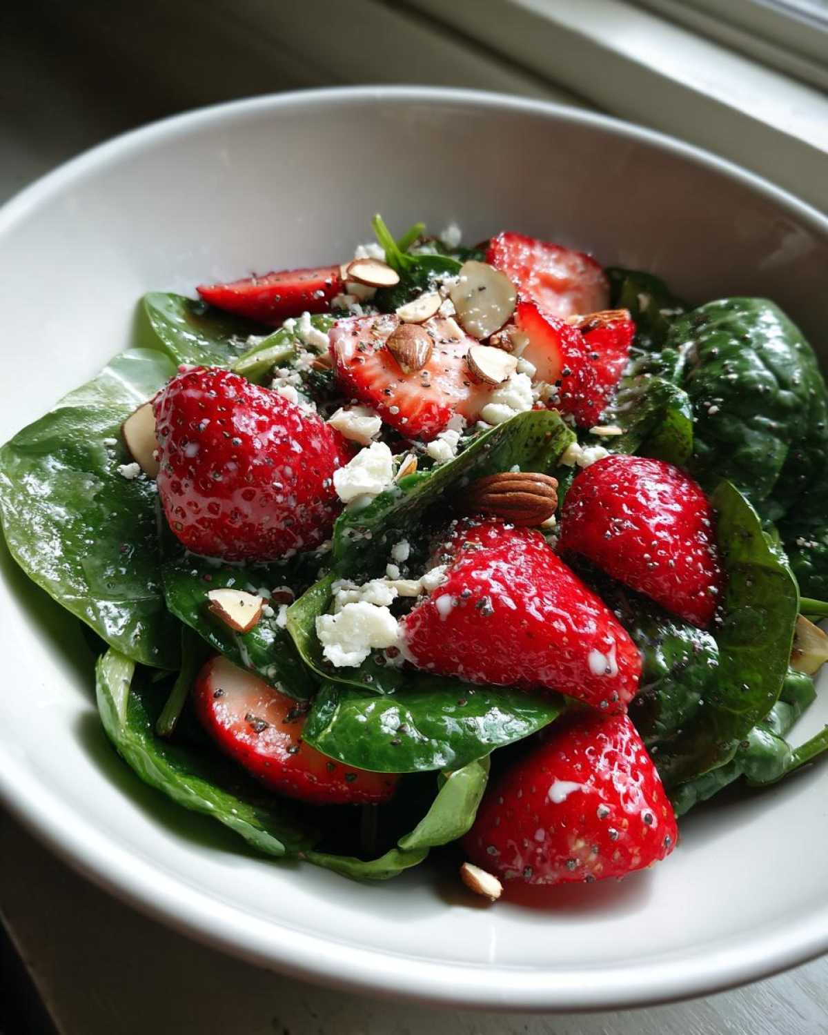 A close-up view of a vibrant Strawberry Spinach Salad with feta cheese, sliced almonds, and poppyseed dressing.