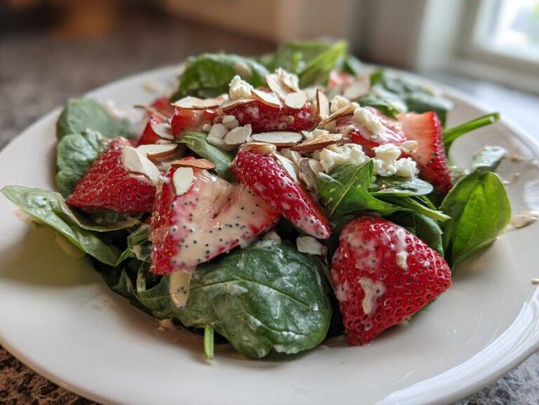 A vibrant close-up of Strawberry Spinach Salad with Poppyseed Dressing, featuring fresh strawberries, spinach, almonds, and feta.