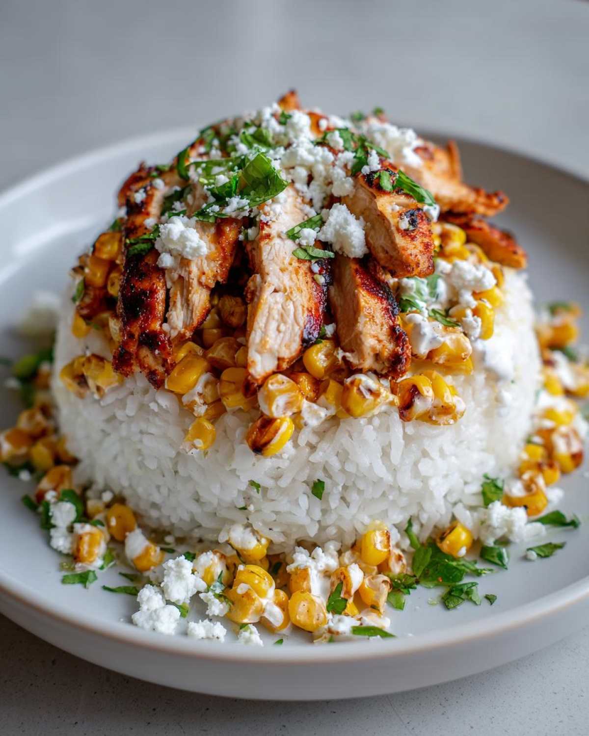A serving of Street Corn Chicken Bowl Recipe featuring grilled chicken, charred corn, white rice, and crumbled cotija cheese.