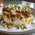 A beautifully plated Street Corn Chicken Bowl featuring grilled chicken slices over white rice, topped with charred corn, cotija cheese, and cilantro.