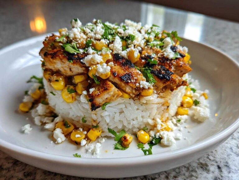 Street Corn Chicken Bowl Recipe: 35 Minute Power A beautifully plated Street Corn Chicken Bowl featuring grilled chicken slices over white rice, topped with charred corn, cotija cheese, and cilantro.