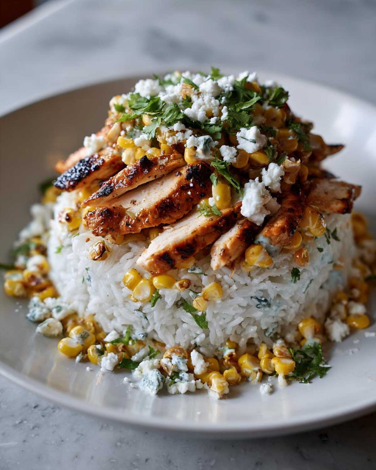 A beautifully plated Street Corn Chicken Bowl Recipe featuring grilled sliced chicken over cilantro-lime rice, topped with charred corn, cotija cheese, and fresh parsley.