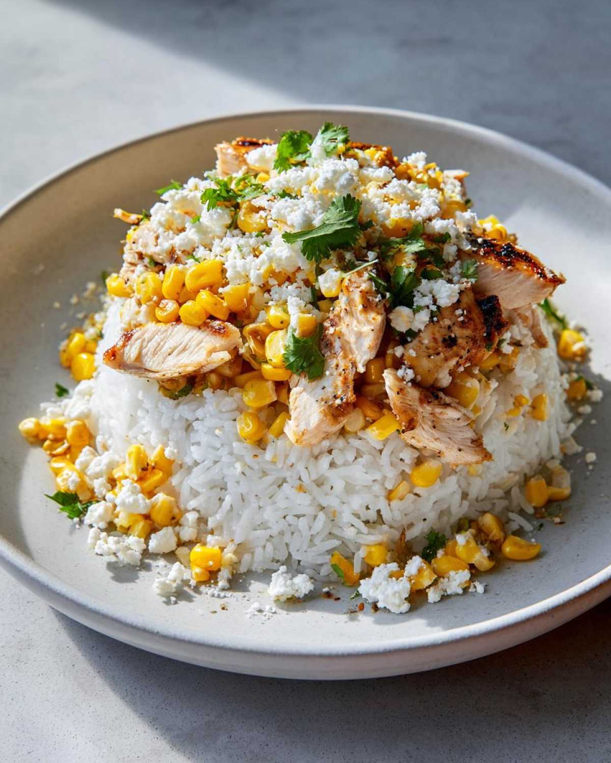 A close-up of a Street Corn Chicken Bowl Recipe featuring white rice topped with grilled chicken, corn, cotija cheese, and cilantro.