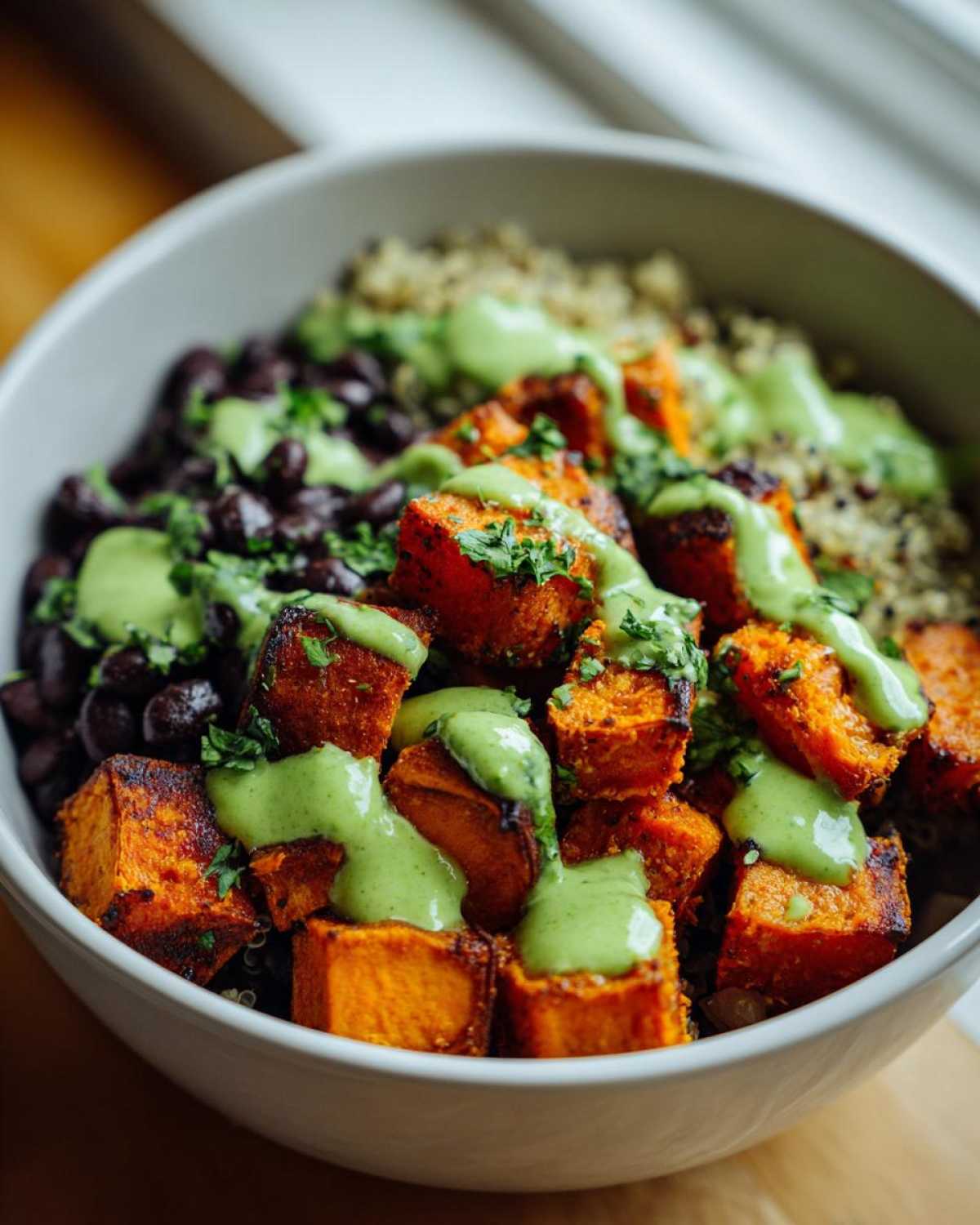 A close-up of a healthy Sweet Potato & Black Bean Quinoa Bowl topped with bright green sauce and fresh herbs.