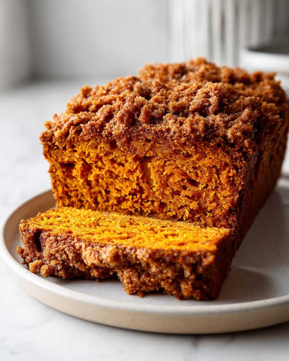 A loaf of vibrant orange Sweet Potato Cinnamon Bread with a thick, sugary crumb topping, one slice cut.