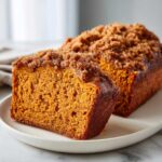 A slice of moist Sweet Potato Cinnamon Bread with a thick cinnamon streusel topping, next to the rest of the loaf.