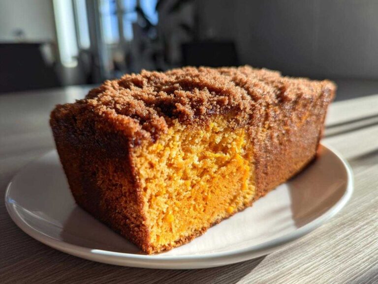 Amazing 2-tsp Sweet Potato Cinnamon Bread A close-up of a slice of moist Sweet Potato Cinnamon Bread with a rich, dark brown crumb topping resting on a white plate.