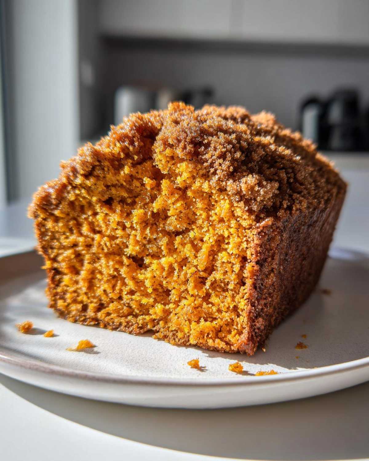 Close-up of a moist slice of Sweet Potato Cinnamon Bread featuring a rich orange interior and a sugary crumb topping.