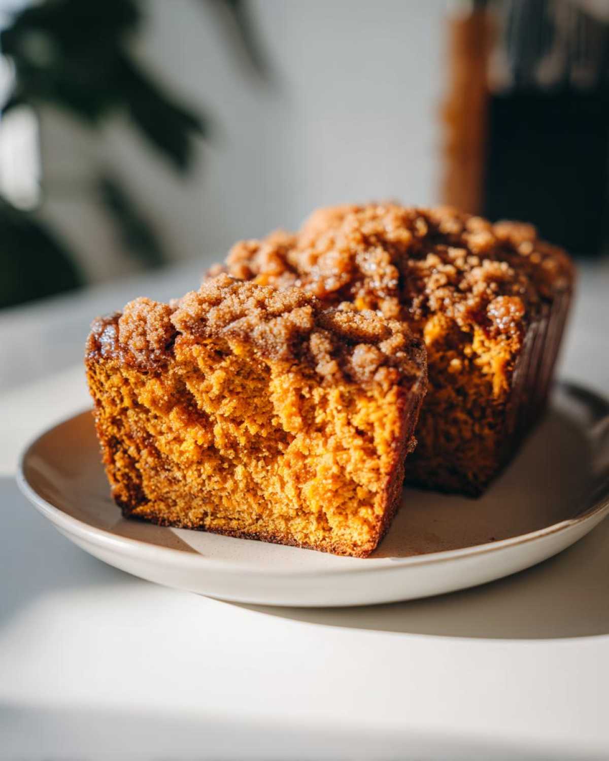 Two slices of moist Sweet Potato Cinnamon Bread with a thick, sugary cinnamon crumb topping on a light plate.