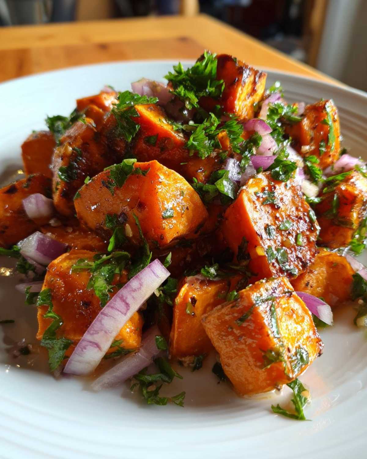 Close-up of roasted sweet potato salad chunks tossed with red onion slices and fresh parsley.