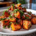 A vibrant close-up of roasted cubes in a sweet potato salad, tossed with red onion slices and fresh parsley.