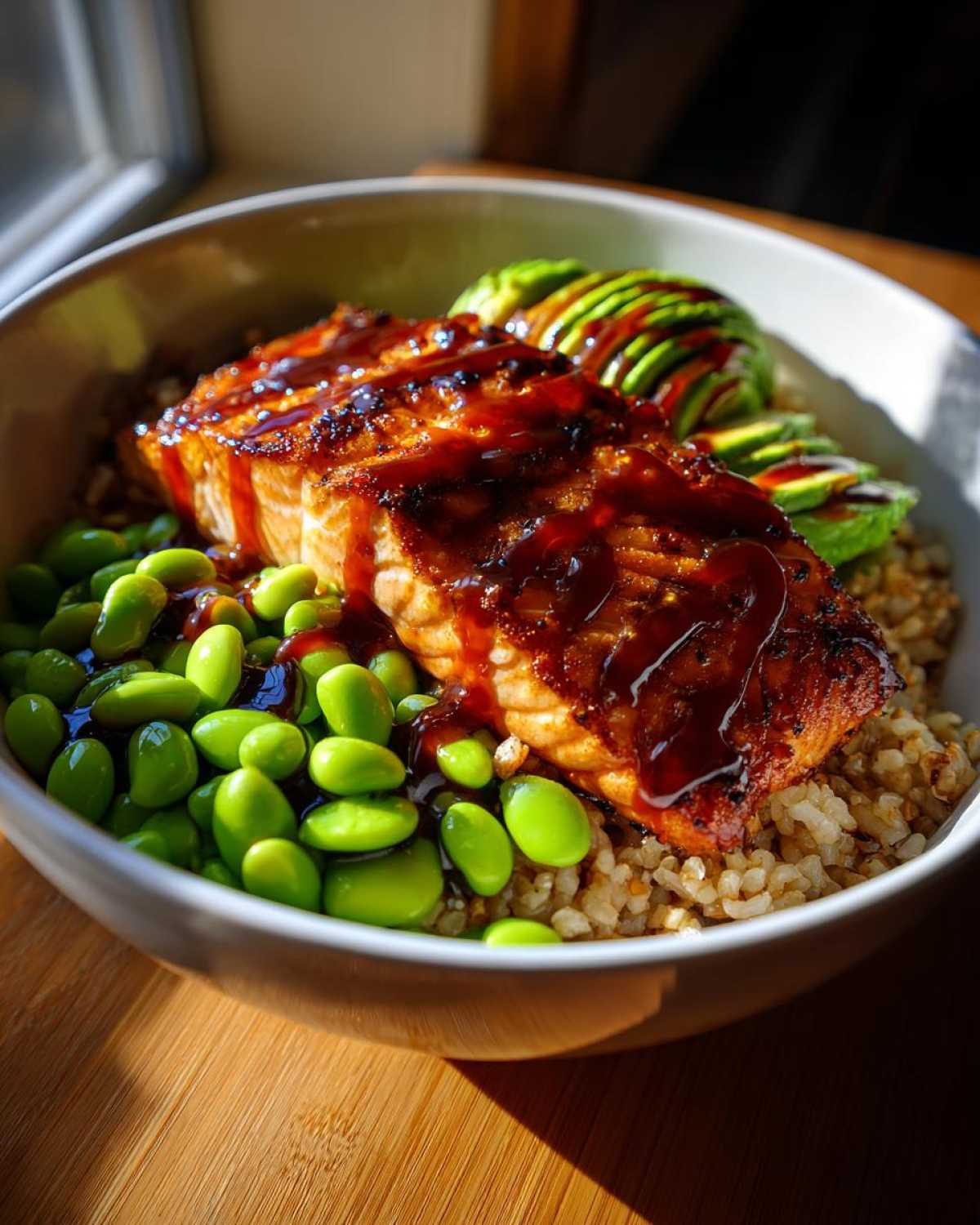 Close-up of a Teriyaki Salmon Bowl featuring a glazed salmon fillet over brown rice with bright green edamame and sliced avocado.