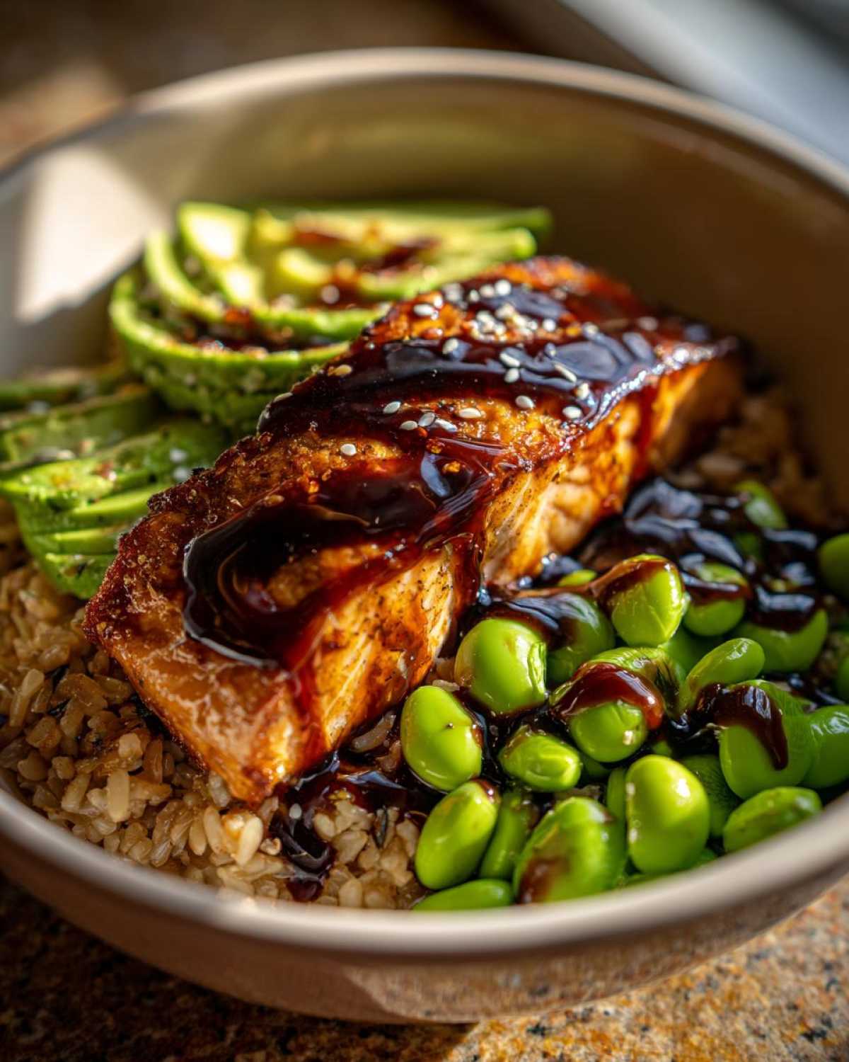 A close-up of a Teriyaki Salmon Bowl featuring glazed salmon, bright green edamame, sliced avocado, and brown rice, drizzled with teriyaki sauce.