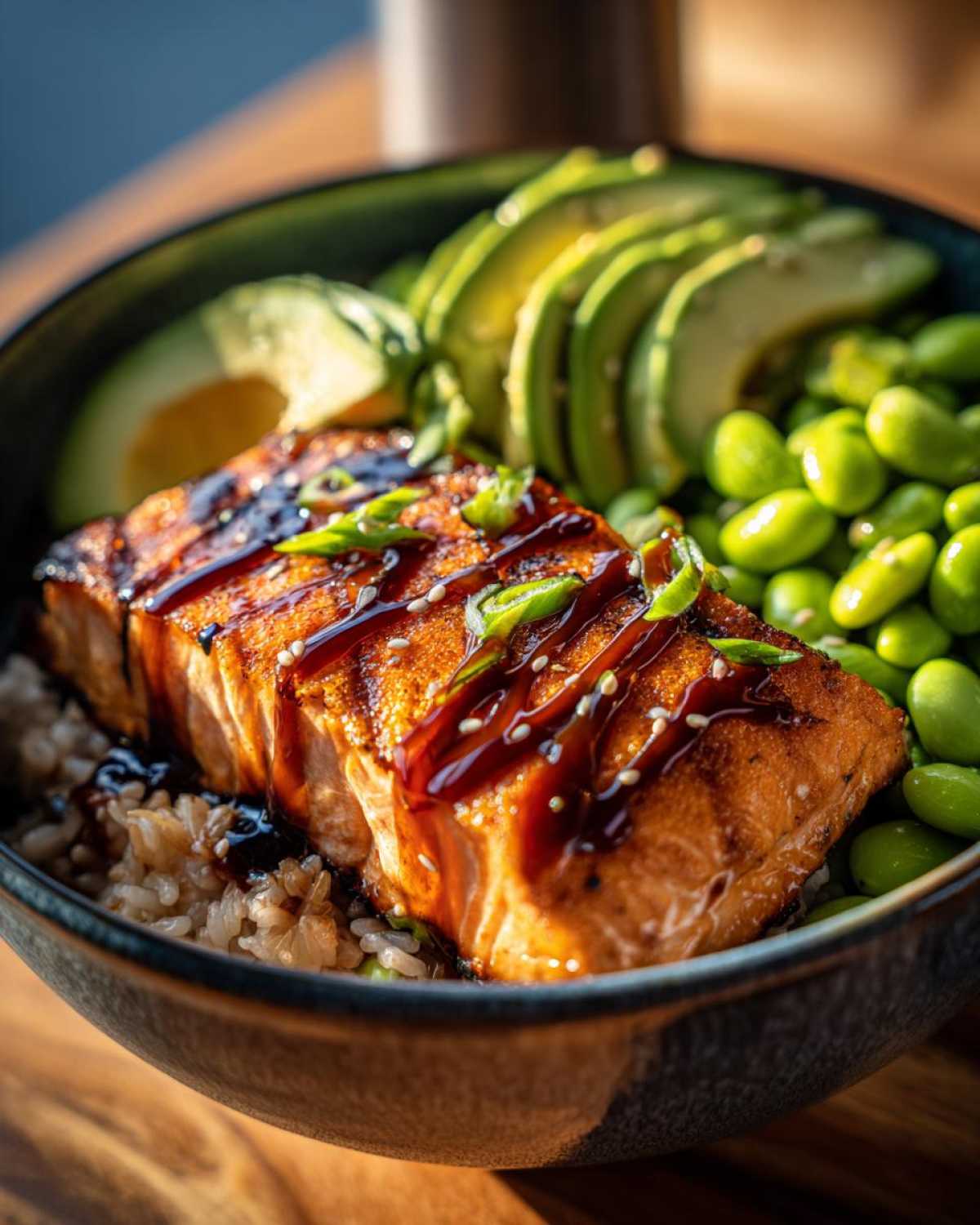 Close-up of a perfectly cooked piece of Teriyaki Salmon Bowls with Avocado & Edamame served over brown rice in a dark bowl.