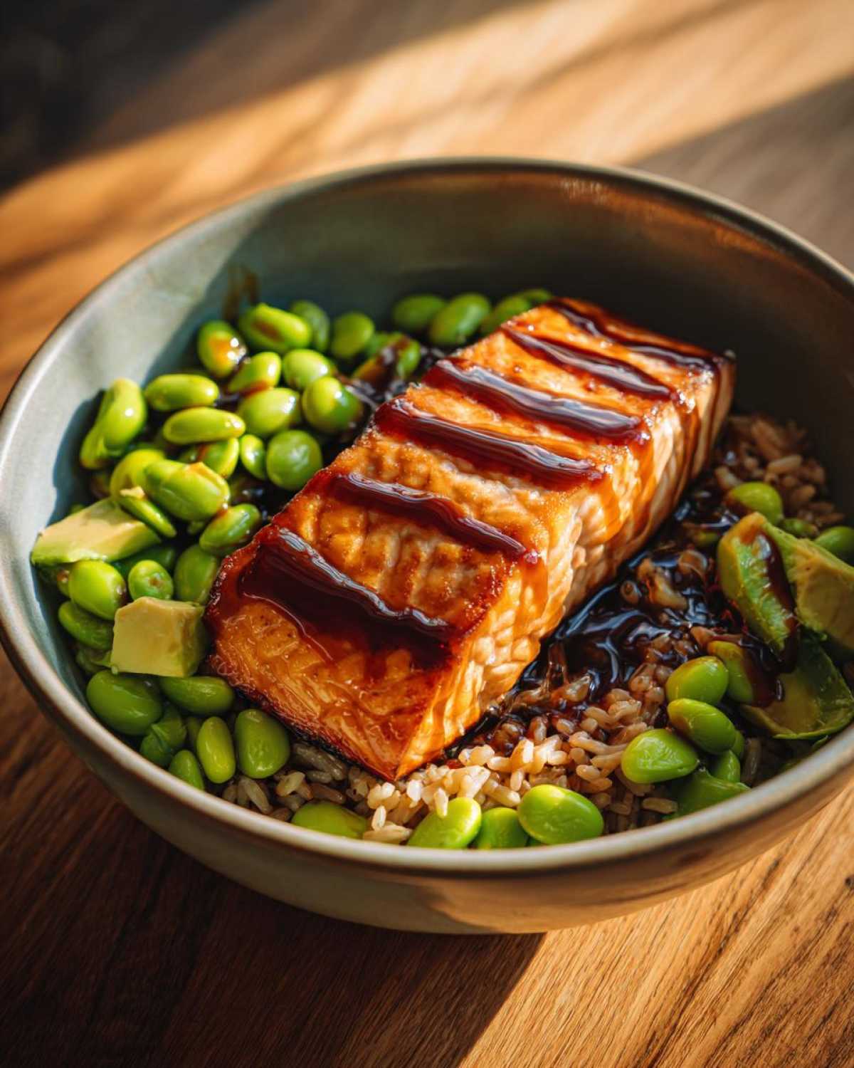 Close-up of a Teriyaki Salmon Bowl featuring a glazed salmon fillet over brown rice, edamame, and avocado slices.