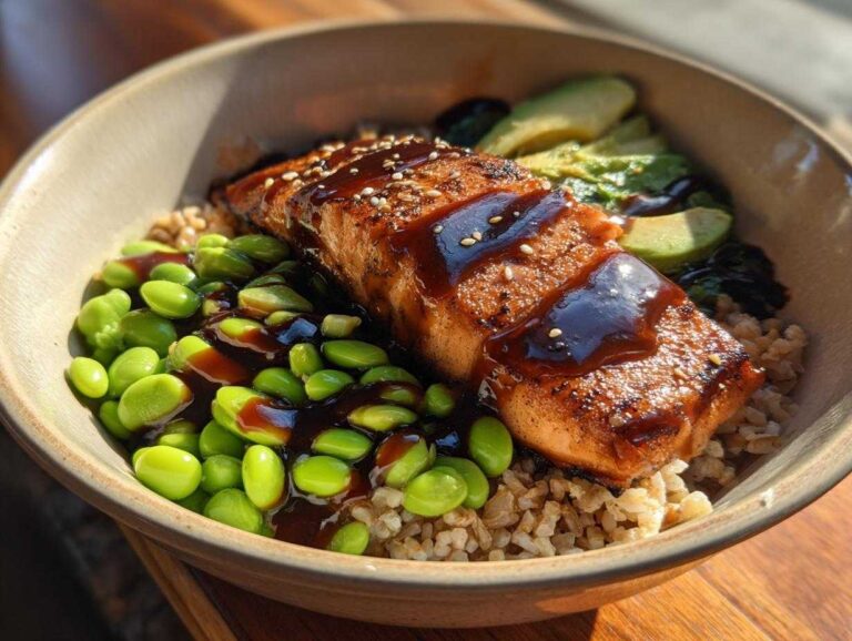 A close-up of a Teriyaki Salmon Bowl featuring a glazed salmon fillet over brown rice, bright green edamame, and sliced avocado.