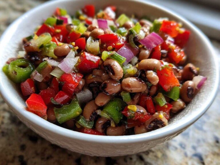 Close-up of a white bowl filled with colorful Texas Caviar, featuring black-eyed peas, red peppers, and onions.