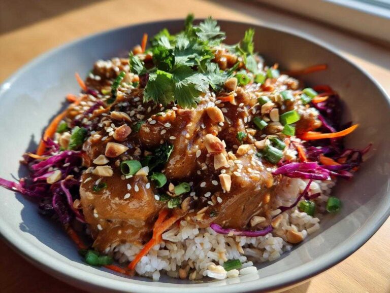 A close-up of a bowl filled with Thai Peanut Chicken Crunch Bowls, featuring saucy chicken over rice, topped with peanuts, cilantro, and slaw.
