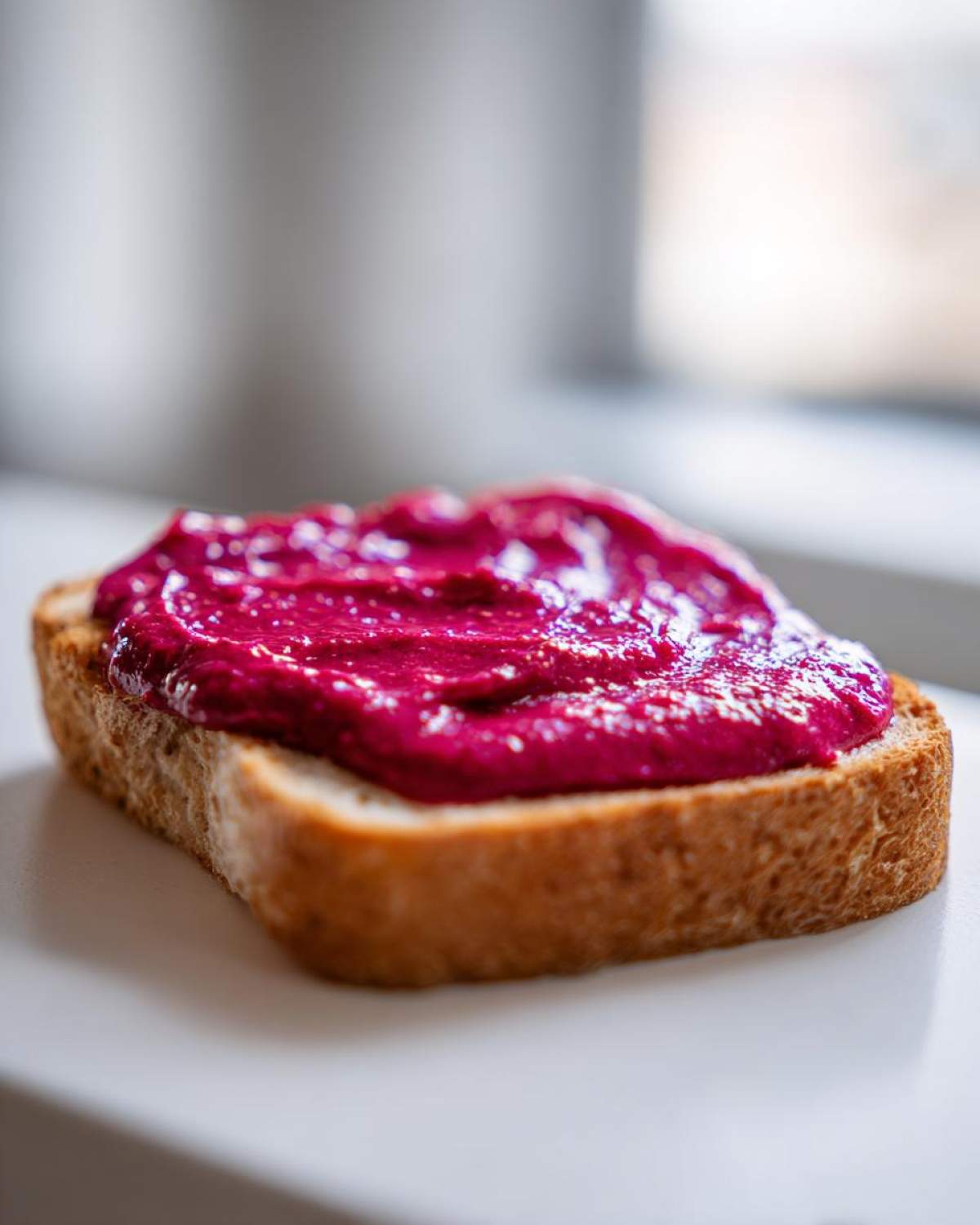 A thick layer of vibrant magenta Cinnamon Rhubarb Butter spread generously on a slice of toasted bread.